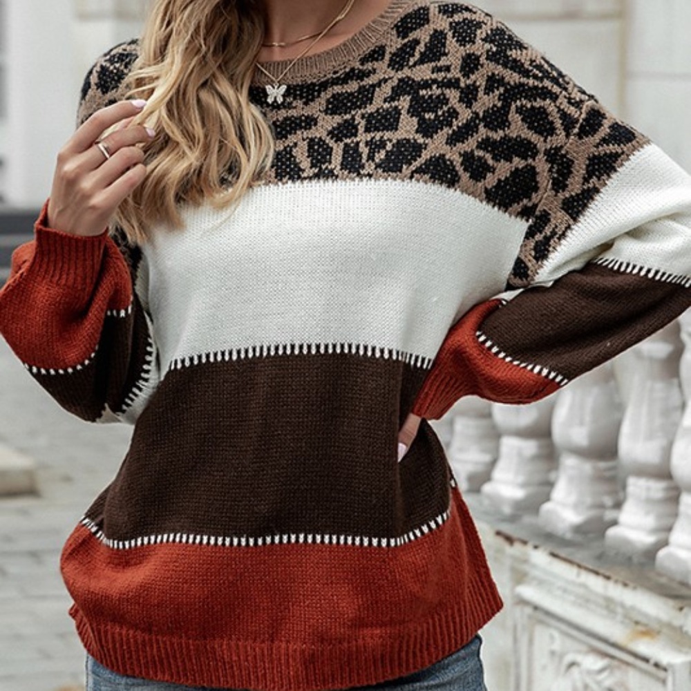 Leopard print color block stripes sweater RUST
